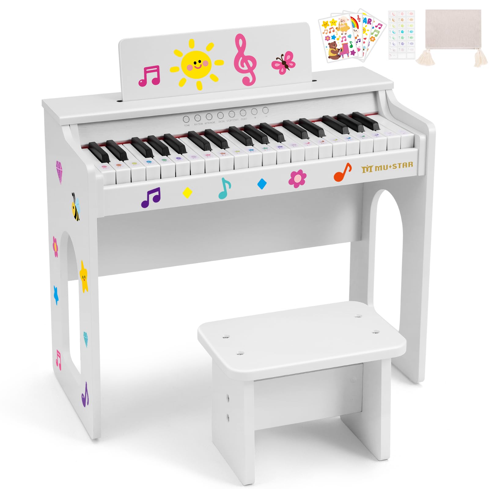 Kids Piano Keyboard, 37 Keys Wood Digital Piano for Kids with Bench,Song Book, DIY Stickers, Cover, Education Creative Musical Instruments Toy for Boys & Grils Gifts