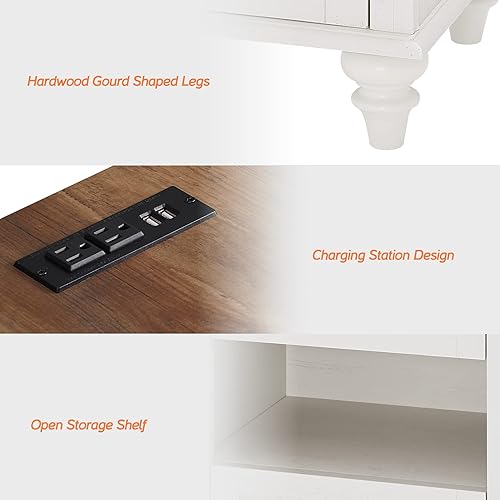 Miniatura 8 de WAMPAT Juego de 2 mesas auxiliares con estación de carga, mesas auxiliares de mediados de siglo para sala de estar, mesitas de noche retro de madera