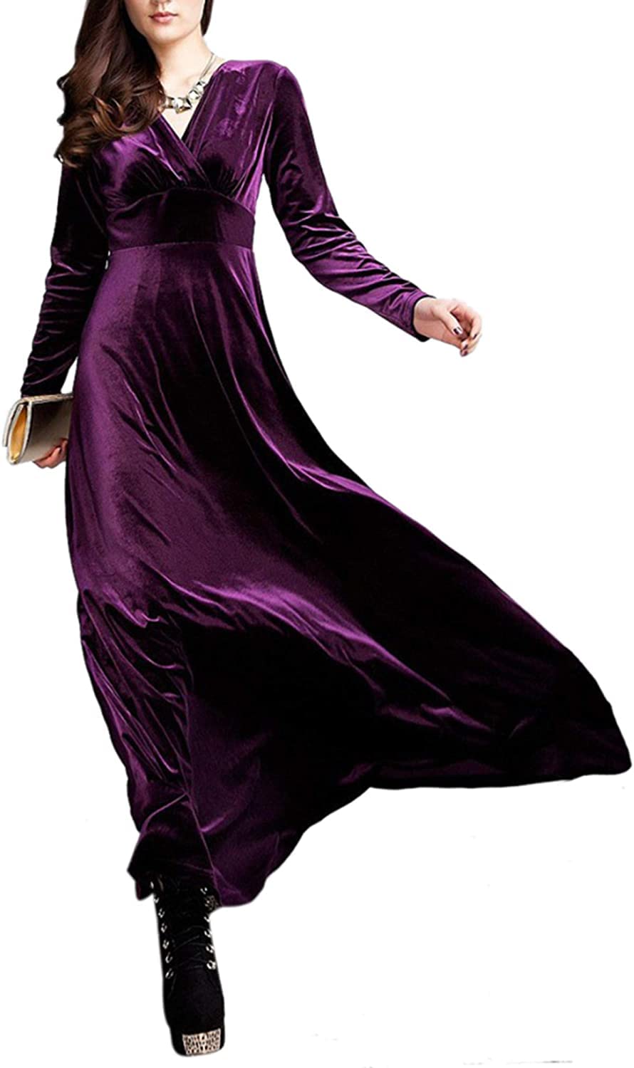 Robe vintage en velours pour femme, col en V, manches longues, couleur unie, robe moulante élégante, violet, XXL