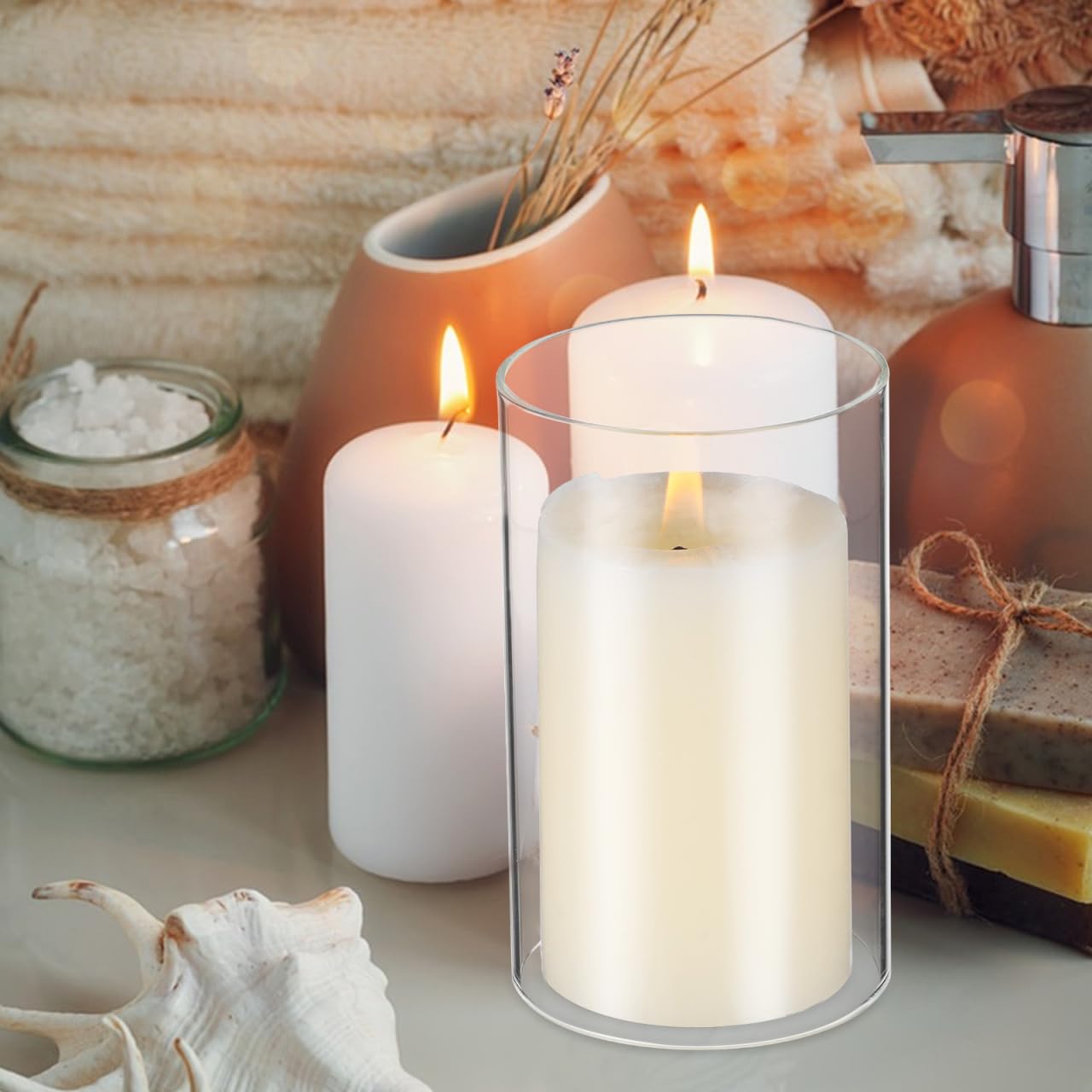 Ciieeo Lot de 4 abat-jours cylindriques en verre transparent à extrémité ouverte pour cire parfumée