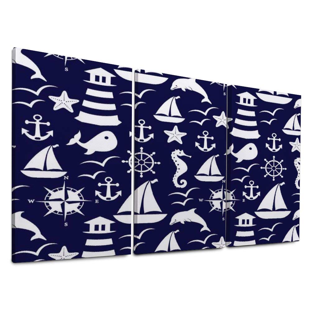 YATELI Ocean Seamless Sea Animal Pattern Blue Wall Decor 3 Panels Giclee Stretched and Framed pet for Living Room Modern Bathroom Canvas Prints