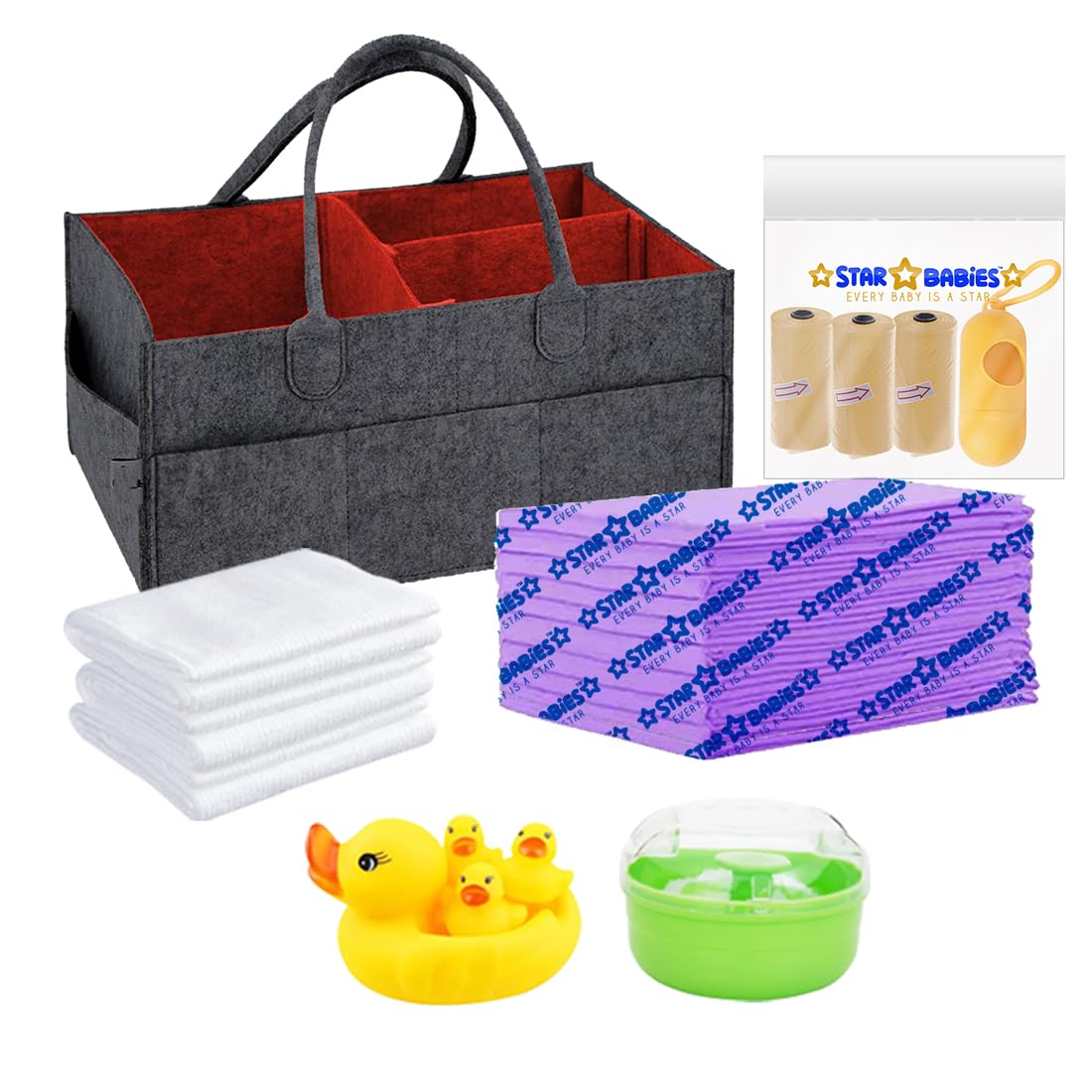 Star Babies Essentials Pack (Caddy Diaper Orgenizer, Powder Puff, Rubber Duck toy 4pcs, Changing mat 10pcs, Scented bag 3pcs W/dispenser) - Grey