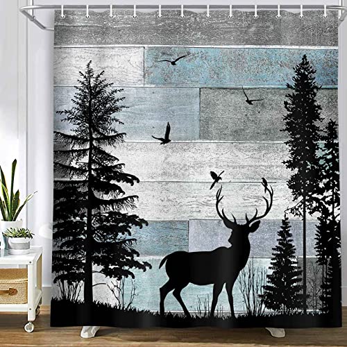 MERCHR Rustic Forest Deer Shower Curtain Cabin Farmhouse Country Lodge Bathroom Decor Polyester Fabric Bath Curtain Set with Hooks 71x71 Inches