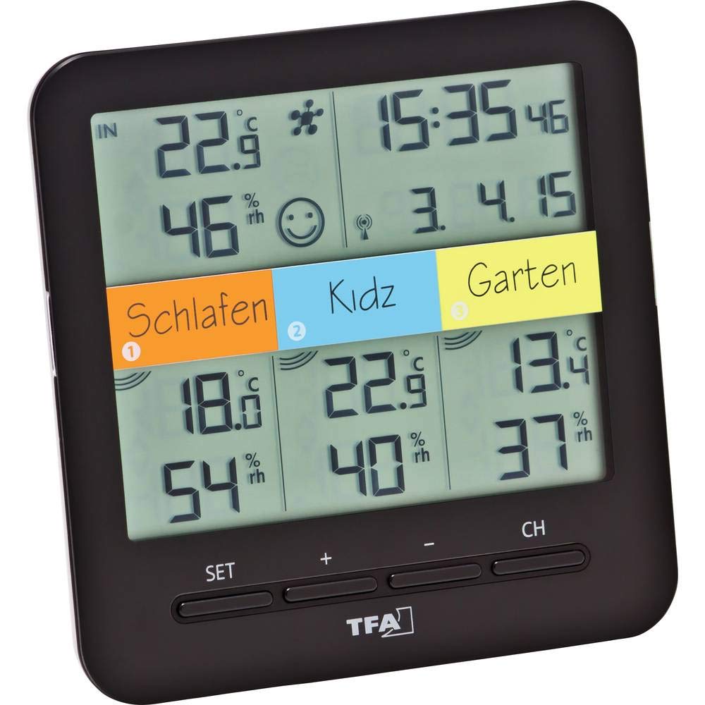 TFA Dostmann Klima Home Hygro-Station 30.3060.01 Funk-Thermo-Hygrometer mit 3 Sendern, Kunststoff, Schwarz, (L) 128 x (B) 32 (58) x (H) 128 mm