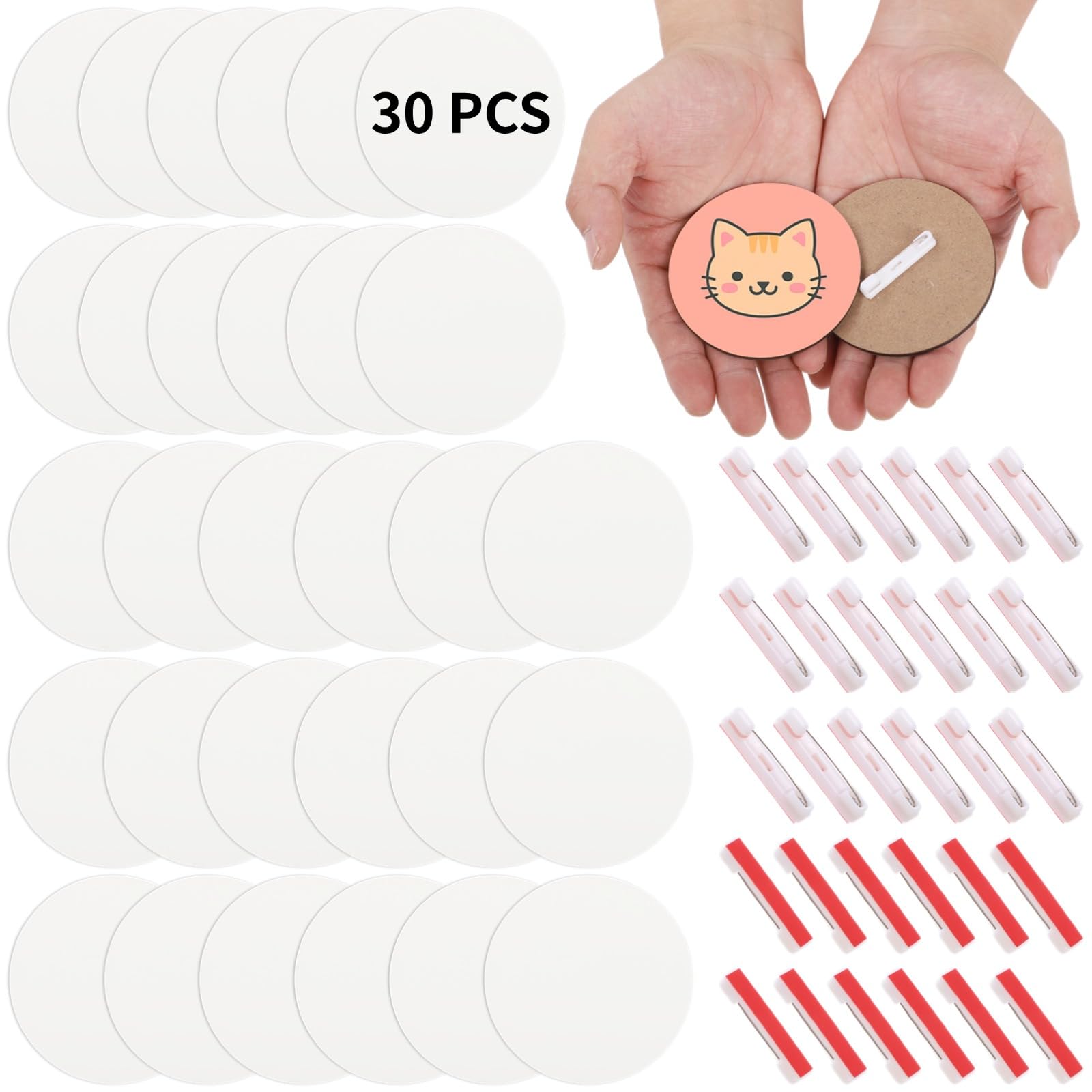 30 badges vierges de sublimation, boutons MDF de 3 pouces avec dos à épingle, badges personnalisables pour projets DIY, transfert thermique, cadeaux personnalisés, étiquettes et loisirs créatifs