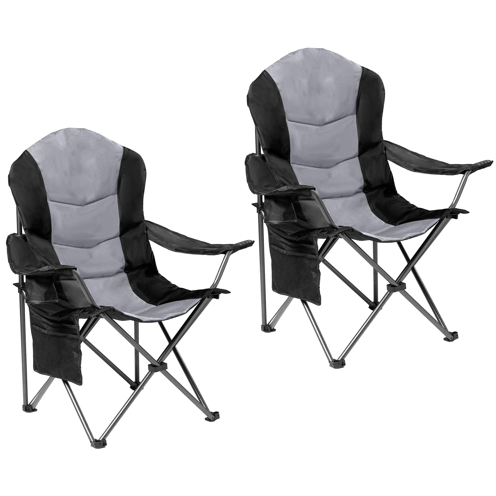 2 pack folding camping chairs for adults - high back padded outdoor lawn chairs with lumbar support & cup holder, 400lbs heavy duty portable camping chairs set (black & light gray)