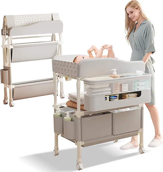 YIFOR Baby Changing Table, Versatile Folding Changing Table with 2 Drawers, Portable Baby Diaper Changing Station with Toy Holder, Adjustable Height Mobile Nursery Diaper for Infant and Newborn