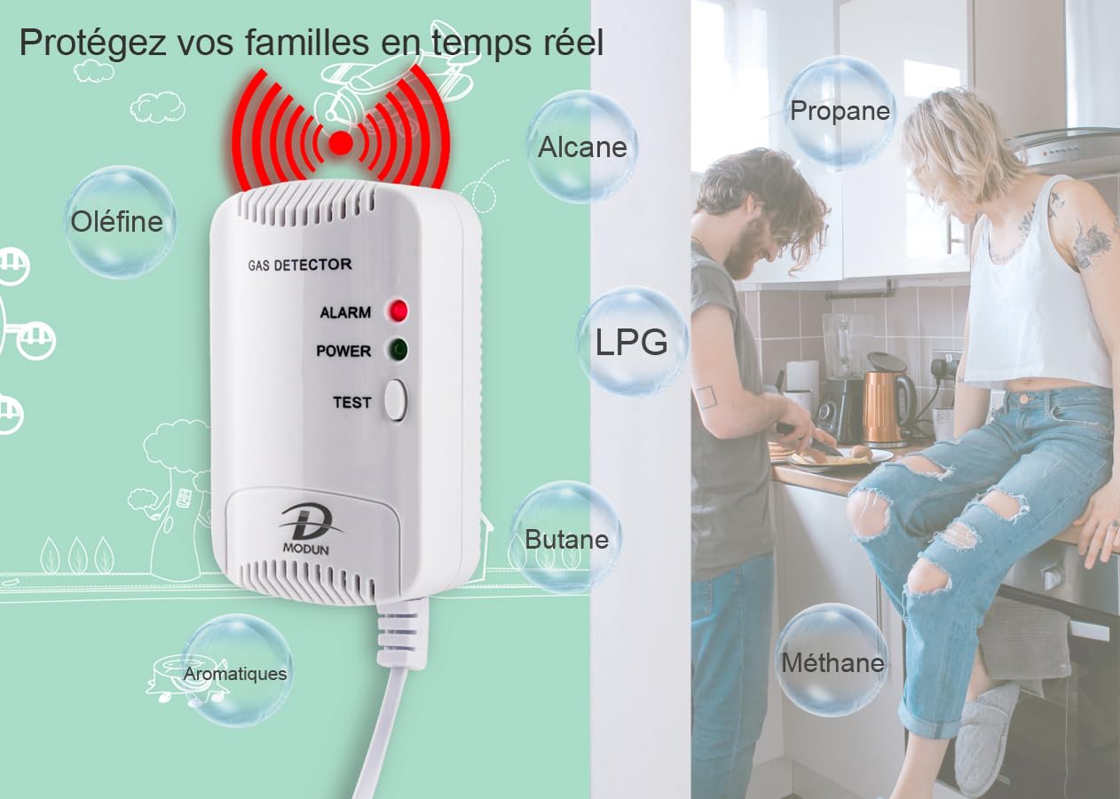 D MODUN Détecteur de Gaz, Fuite de gaz Gaz Naturel/GPL/Charbon, Moniteur de gaz Méthane Propane Butane, 100dB Avertissement de Lumière Stroboscopique, Alarme de gaz enfichable Convient pour la cuisine