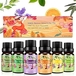 Set de Aceites Esenciales para Difusor,100% Natural Puro Aromaterapia Aceite Aromático,6 x 10 ml Essential Oils Set para humidificadores, lámparas de fragancia, jabón,SPA,Masaje
