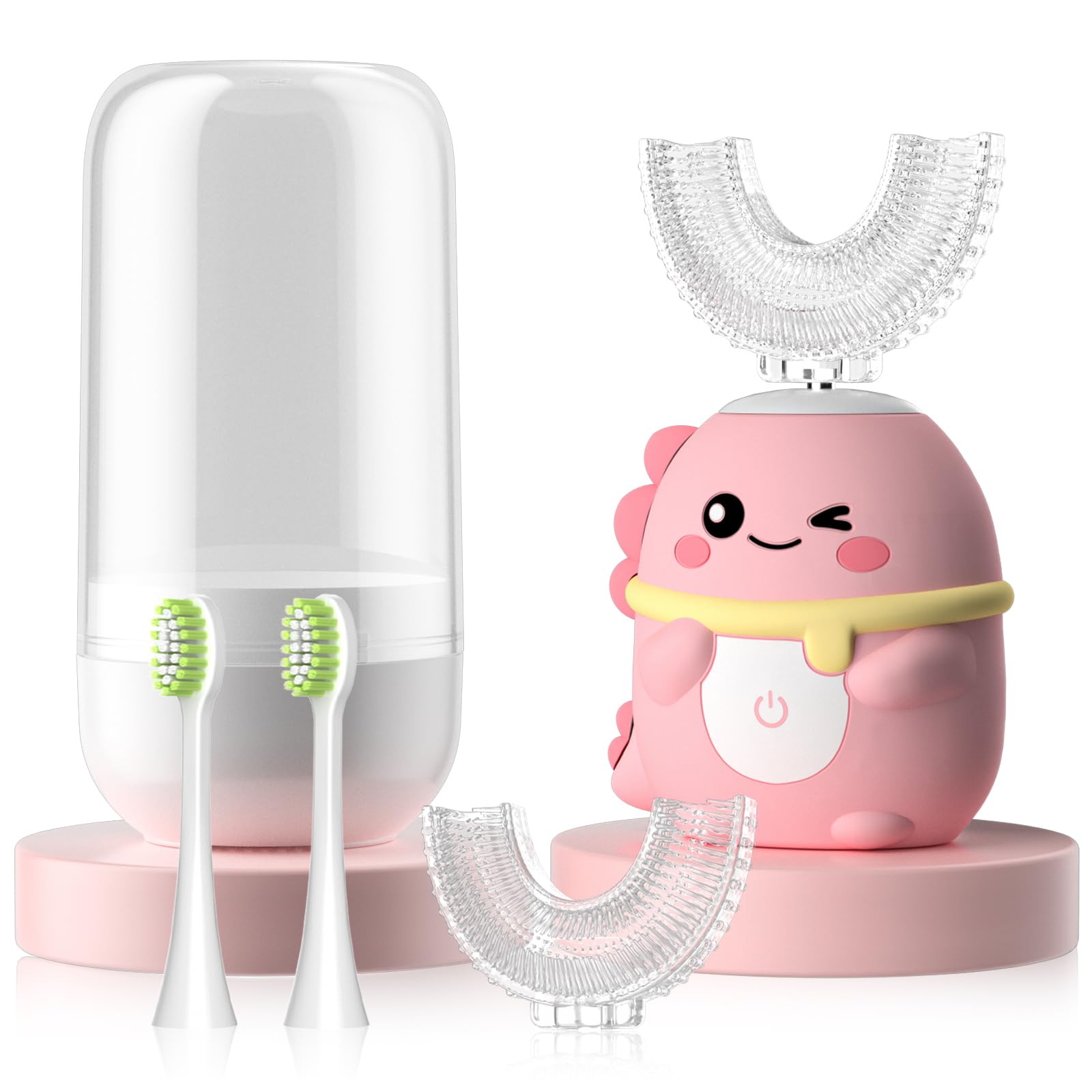 Kids Electric Toothbrush U Shaped Toddler Auto Toothbrushes with 4 Brush Head,Cartoon Dinosaur Ultrasonic Toothbrushes for Children 2-12 Years,360° Full Mouth Cleaning (Pink 2-6 Years)