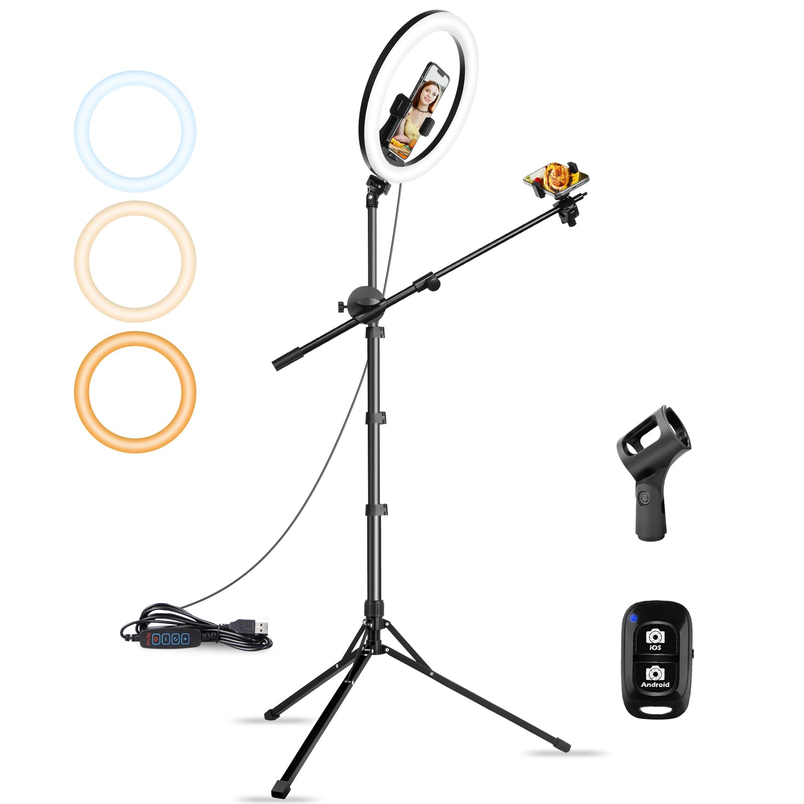 Aureday Ringlicht mit Stativ, 12 Zoll Selfie Ringlicht mit 62 Zoll Stativ Ständer Overhead-Aufnahme mit Mikrofonklammer für Live Stream/Makeup/YouTube Video/Fotografie