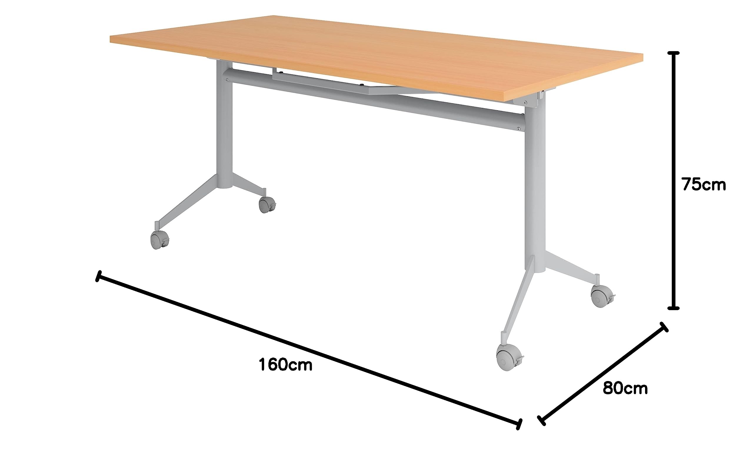 bümö Klapptisch Buche 160 x 80 cm klappbar & fahrbar, klappbarer Schreibtisch auf Rollen, Klappschreibtisch, Tisch klappbar, Klappbarer Tisch, Klapptisch Holz-Platte, Gestell stabil aus Metall