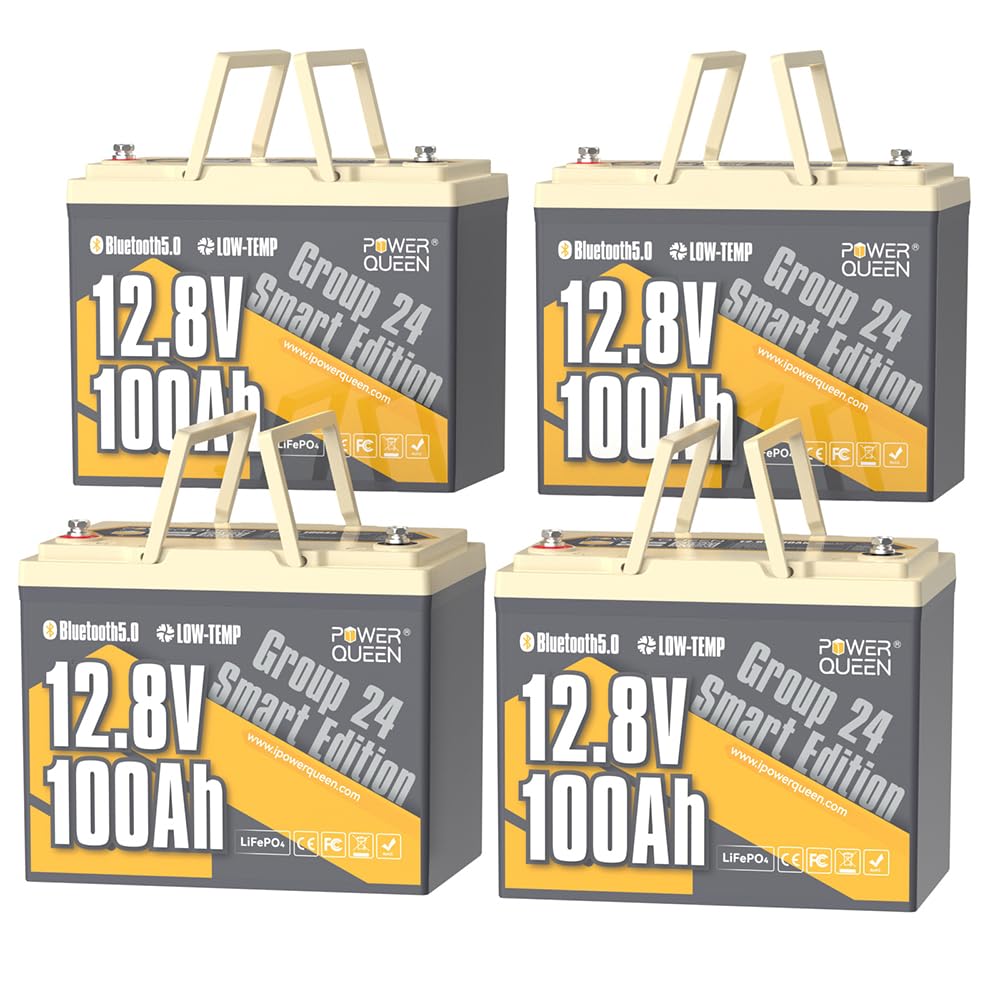 Power Queen 4Pack Bluetooth 12V 100Ah LiFePO4 Battery, Group 24 Deep Cycle Lithium Battery Max. Output Power 1280W, 100A BMS with Low-Temp Cut-off Protection for RV, Trolling Motors, Solar System