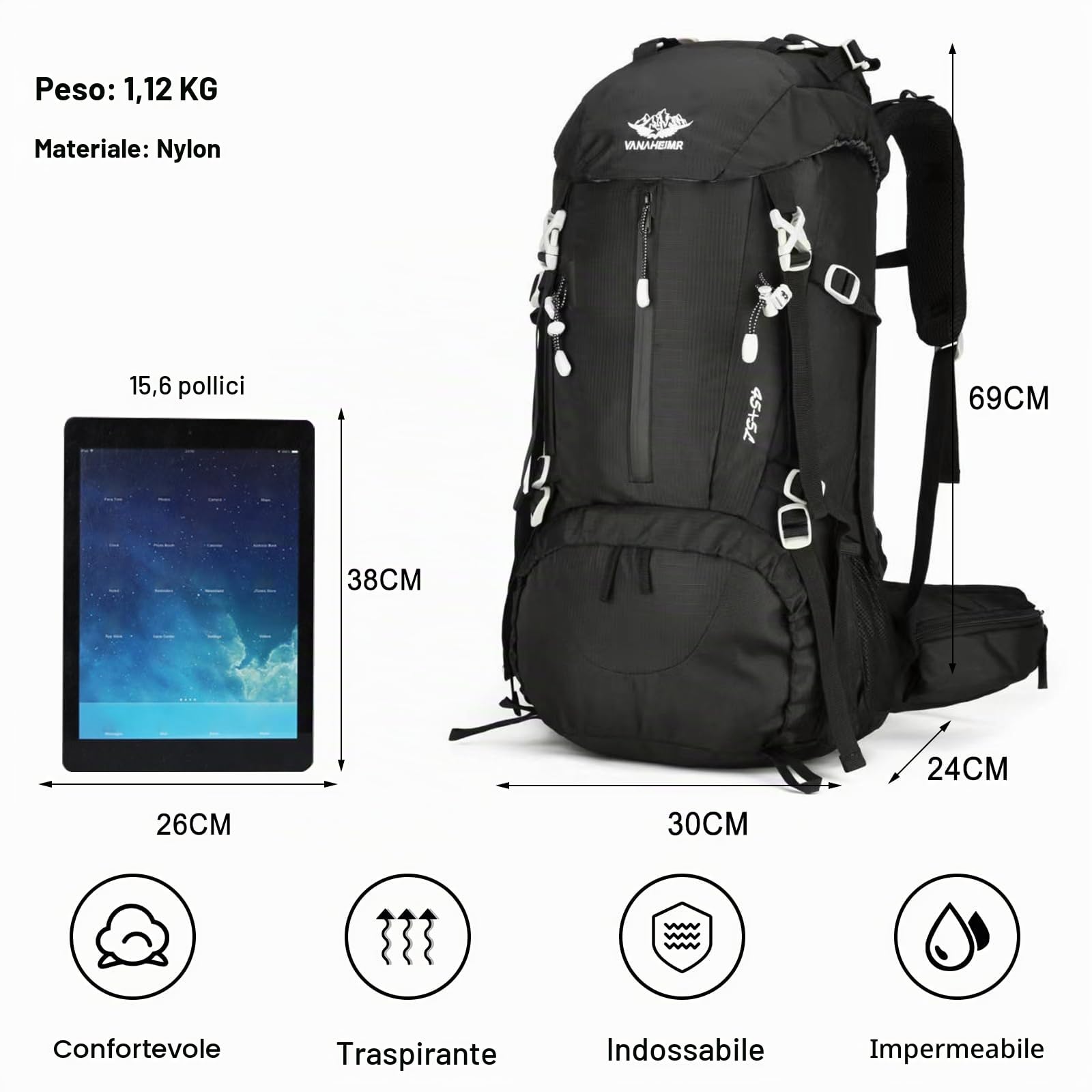 50L Zaino da Trekking Zaino Impermeabile Zaini con Copertura per la Pioggia Hiking Backpack per Donna Uomo Escursionismo Campeggio Arrampicata Viaggio Nero