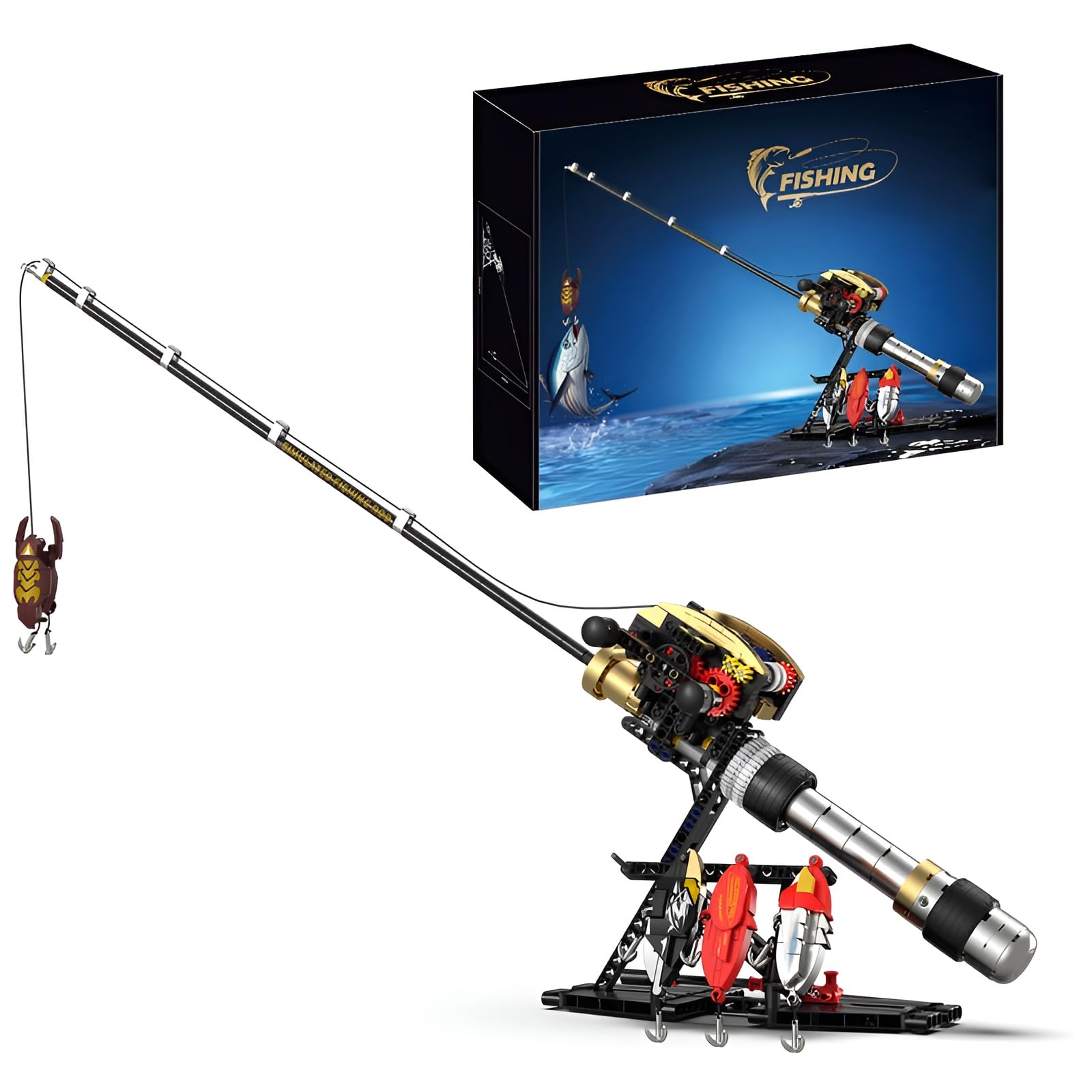 QuirkQuest Techick Fishing Rod Building Set - 425PCS Hand-cranked Mechanical Retractable Fishing Reel & Hook Bricks Kit, Angling Tackle Construction Toy for Adults Teens, for Fish & Hobby Enthusiasts — image 1
