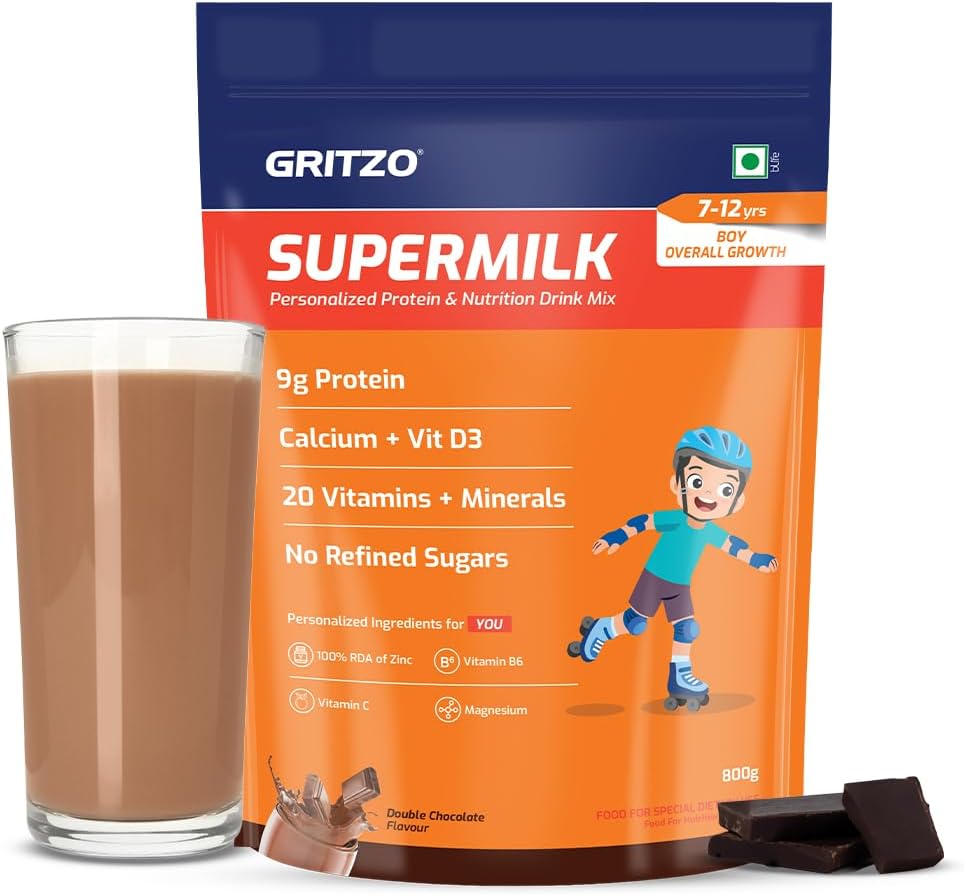 Gritzo SuperMilk Overall Growth (7-12y Boys), 9g Protein Powder (Double Chocolate, 800g) | Zero Refined Sugar, 20 Vitamins & Minerals
