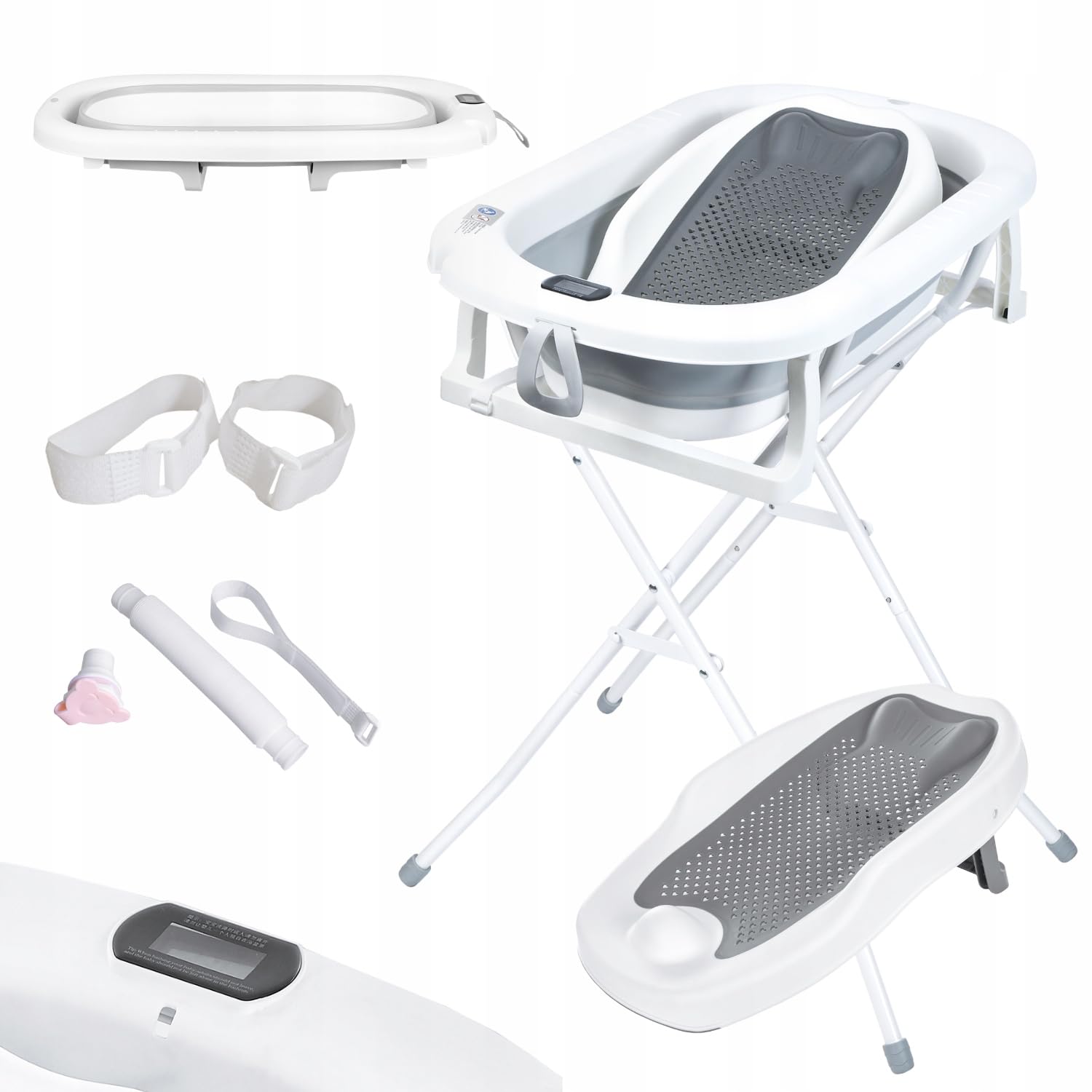Primabobo Milo Faltbare Babybadewanne mit Gestell und Badesitz, Elektronischem LCD-Thermometer und Ablaufschlauch, Stabiles Bade-Set für Neugeborene und Babys, Grau