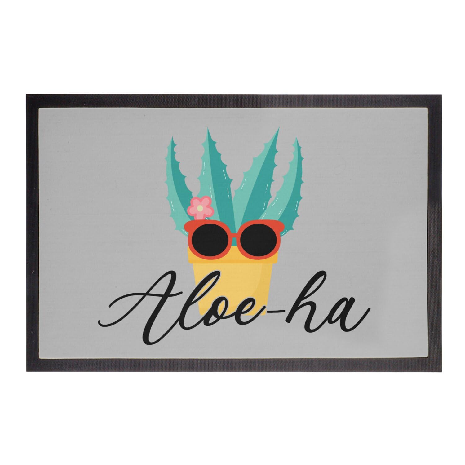 Paillasson gris 75x50 cm motif aloe-ha évocation d'hawaii pour une ambiance jardin zen et accueillante