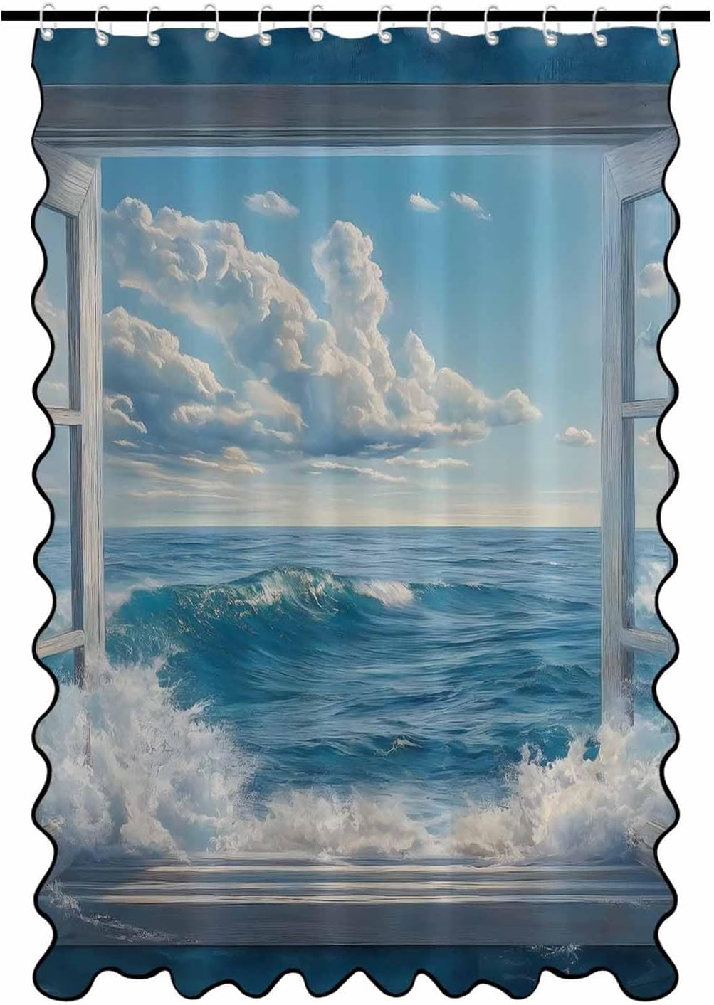 Shower Curtain with Black Scalloped Edge for Bathroom, Blue Ocean Glass Window with Sea Pattern Cloth Shower Curtain, Washable Waterproof Fabric Shower Curtain Bathtub Decor 48x72in