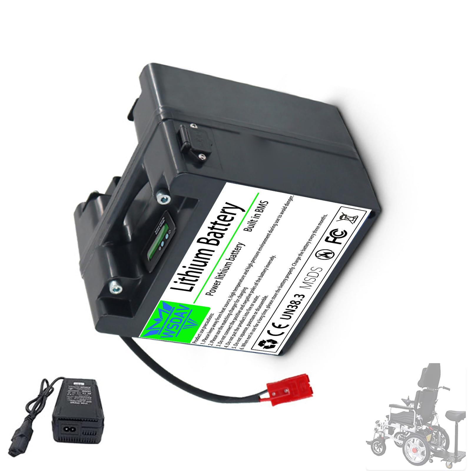 WSDAV Electric Wheelchair Battery 24V 15AH 20AH 25AH 30AH 40AH 50AH 60AH Lithium LiFePO4 Battery with Charger Built-in BMS Board,24V30AH