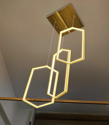 Miniatura 10 de Candelabro moderno de 6 anillos, luz LED dorada contemporánea para entrada de sala de estar, lámparas de techo alto regulables con control remoto