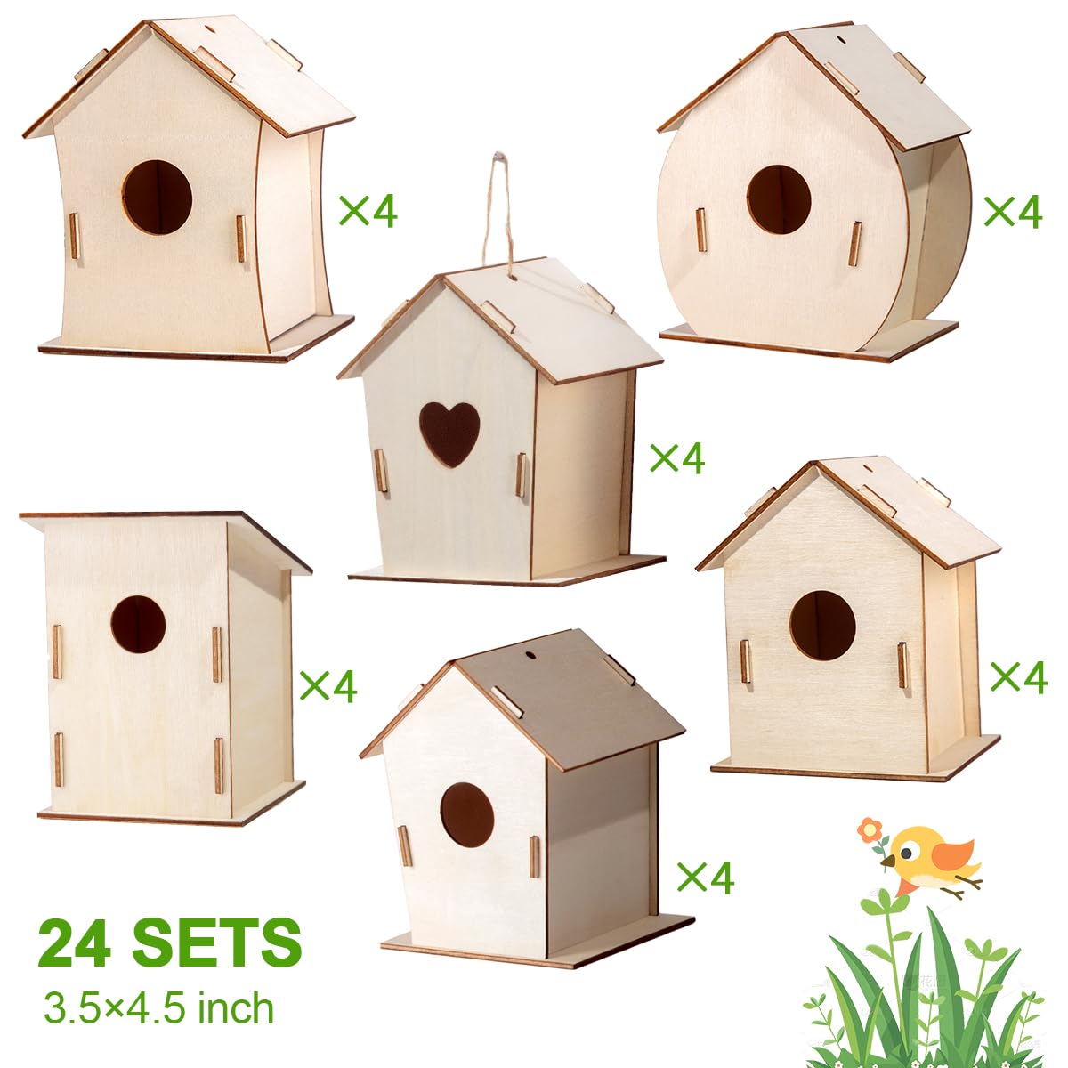 24 juegos de casa de pájaros de madera a granel para fiestas infantiles y aulas, kit de manualidades de casa de pájaros de madera sin terminar para pintar para niños a partir de 3 años,