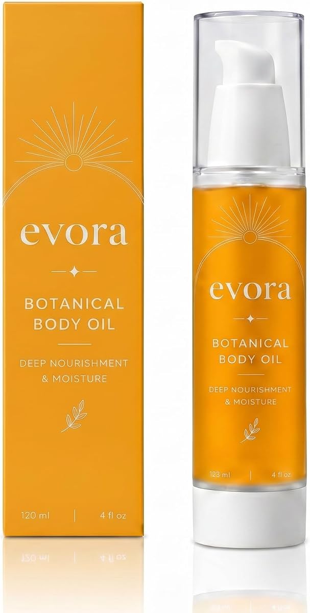 Evora Botanical Body Oil for Crepey Skin & Aging Skin, Firming Body Oil with Wakame Algae, Brazil Nut Oil & Vitamin E, Fast Absorbing Moisturizing Body Oil for Dry Skin, Non-Greasy, 4 Fl Oz