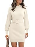 Womens Long Sleeve Mini Sweater Dress Mock Neck Fall Dressy Casual Knit Bodycon Dresses with Belt