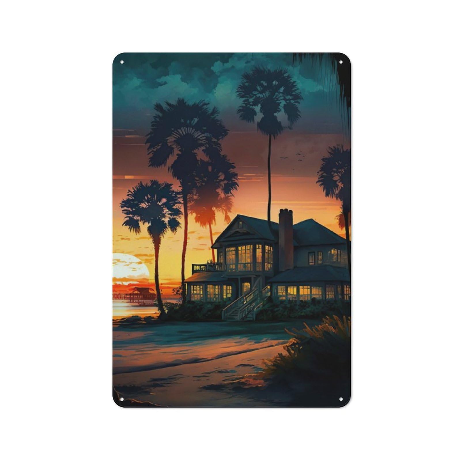 Junmoney Coastal Village Landscape Rustic Metal Sign 30X20cm Featuring For Hallway Wall, For Collectors Decorating Hallways And Entrance Areas