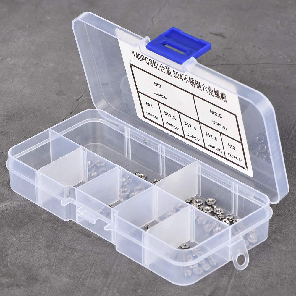 Assortimento Dadi di Bloccaggio, 140 Pezzi M1 M1.2 M1.4 M1.6 M2 M2.5 M3 Kit di Assortimento di Dadi Esagonali in Acciaio Inossidabile con Filettatura per Viti Bulloni di Fissaggio Filettati