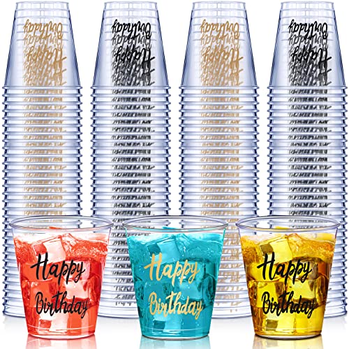 Nuogo 100 Pcs Happy Birthday Plastic Shot Glasses Birthday Party Favors 2 oz Cheer Cups for Anniversary Wedding Party Supplies