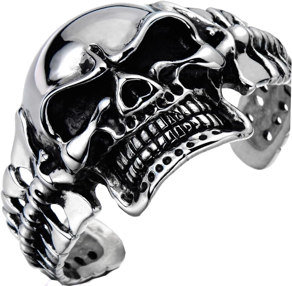 Heavy and Study Mens Stainless Steel Biker Skull Cuff Bangle Bracelet Silver Black Two-Tone Polished