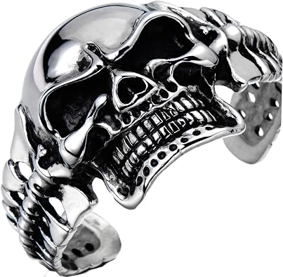 COOLSTEELANDBEYOND Heavy and Study Mens Stainless Steel Biker Skull Cuff Bangle Bracelet Silver Black Two-Tone Polished
