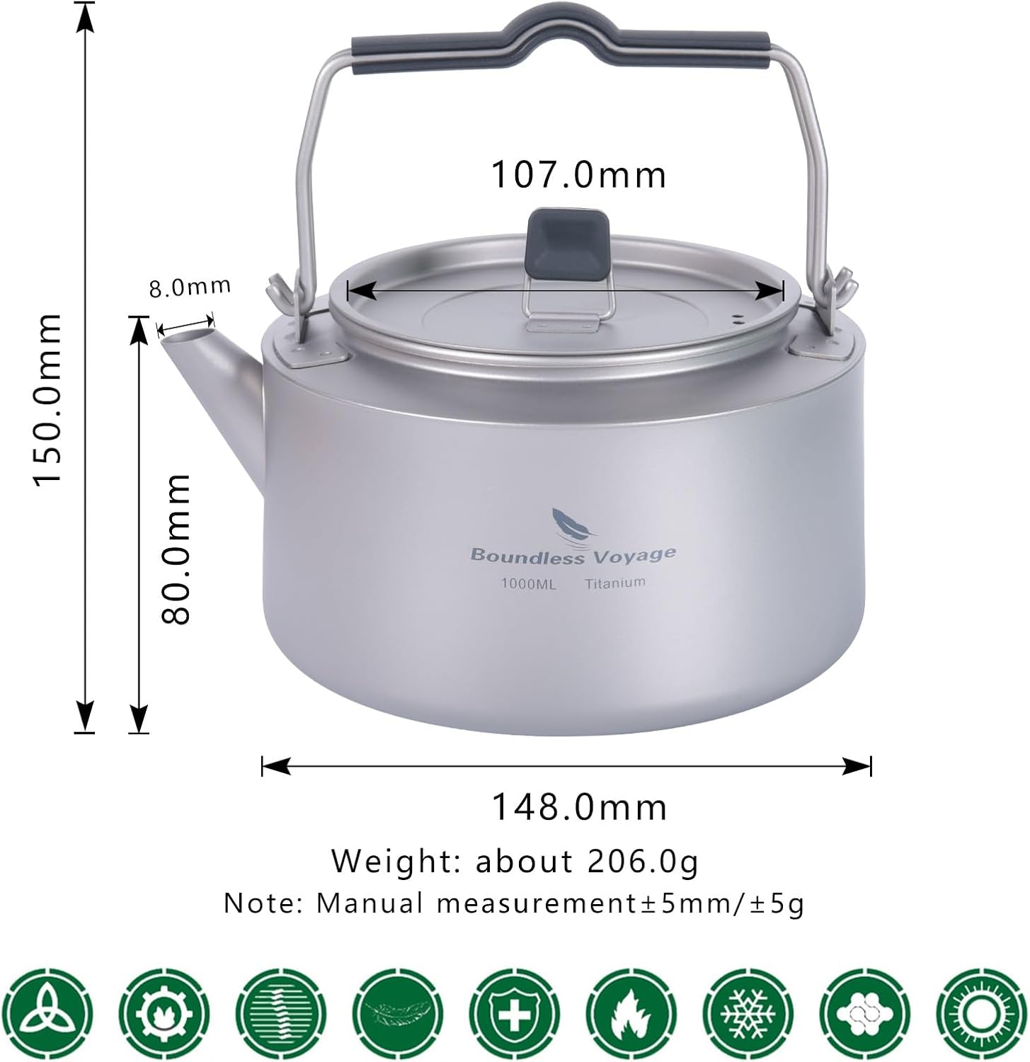 Boundless Voyage Titanium Camping Kettle 1L Ultralight Tea & Coffee Pot for Backpacking, Hiking & Outdoor Travel with Folding Handle & Built-in Filter, Durable Open Fire Water Boiler Ti3098D