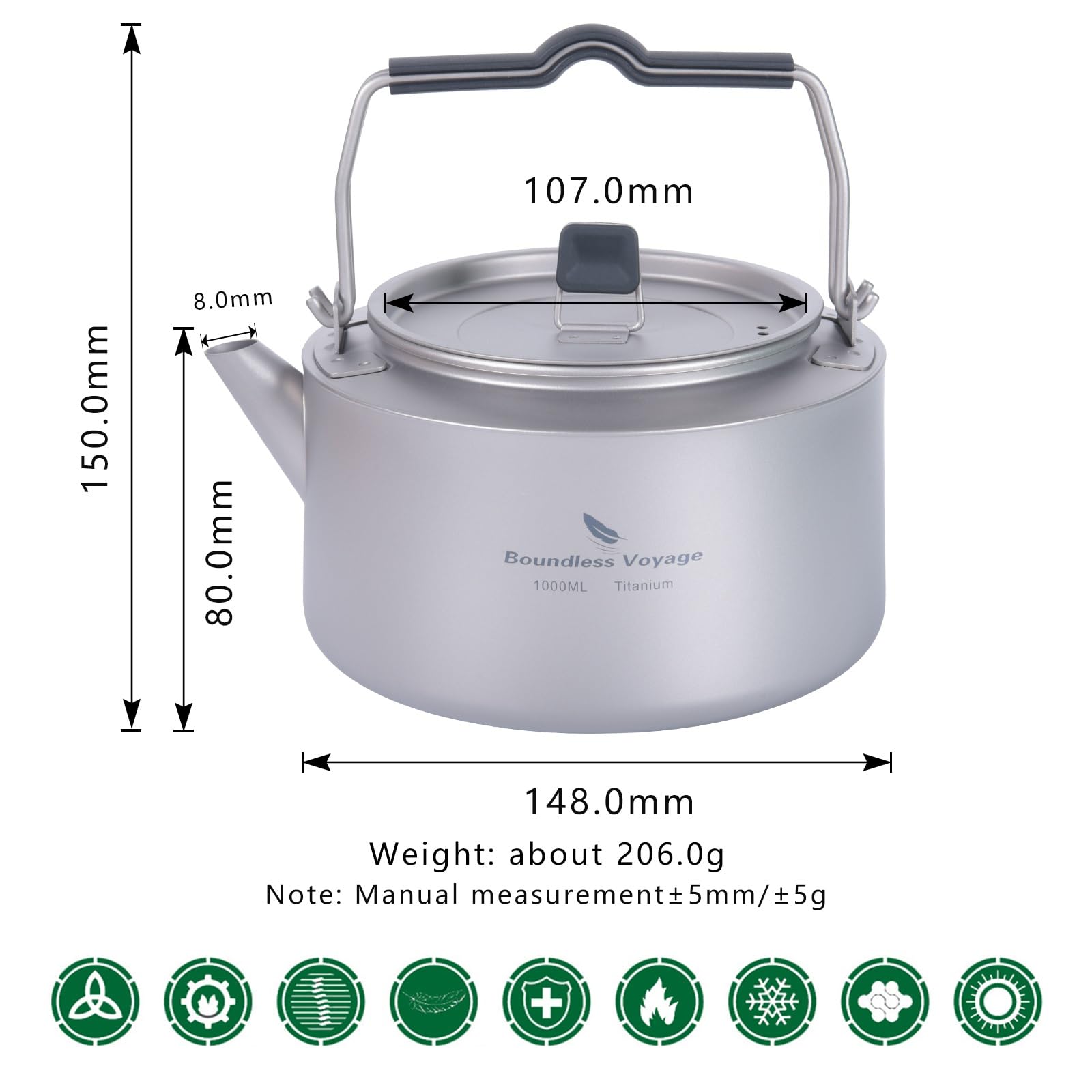 Boundless Voyage Titanium Camping Kettle 1L Ultralight Tea & Coffee Pot for Backpacking, Hiking & Outdoor Travel with Folding Handle & Built-in Filter, Durable Open Fire Water Boiler Ti3098D