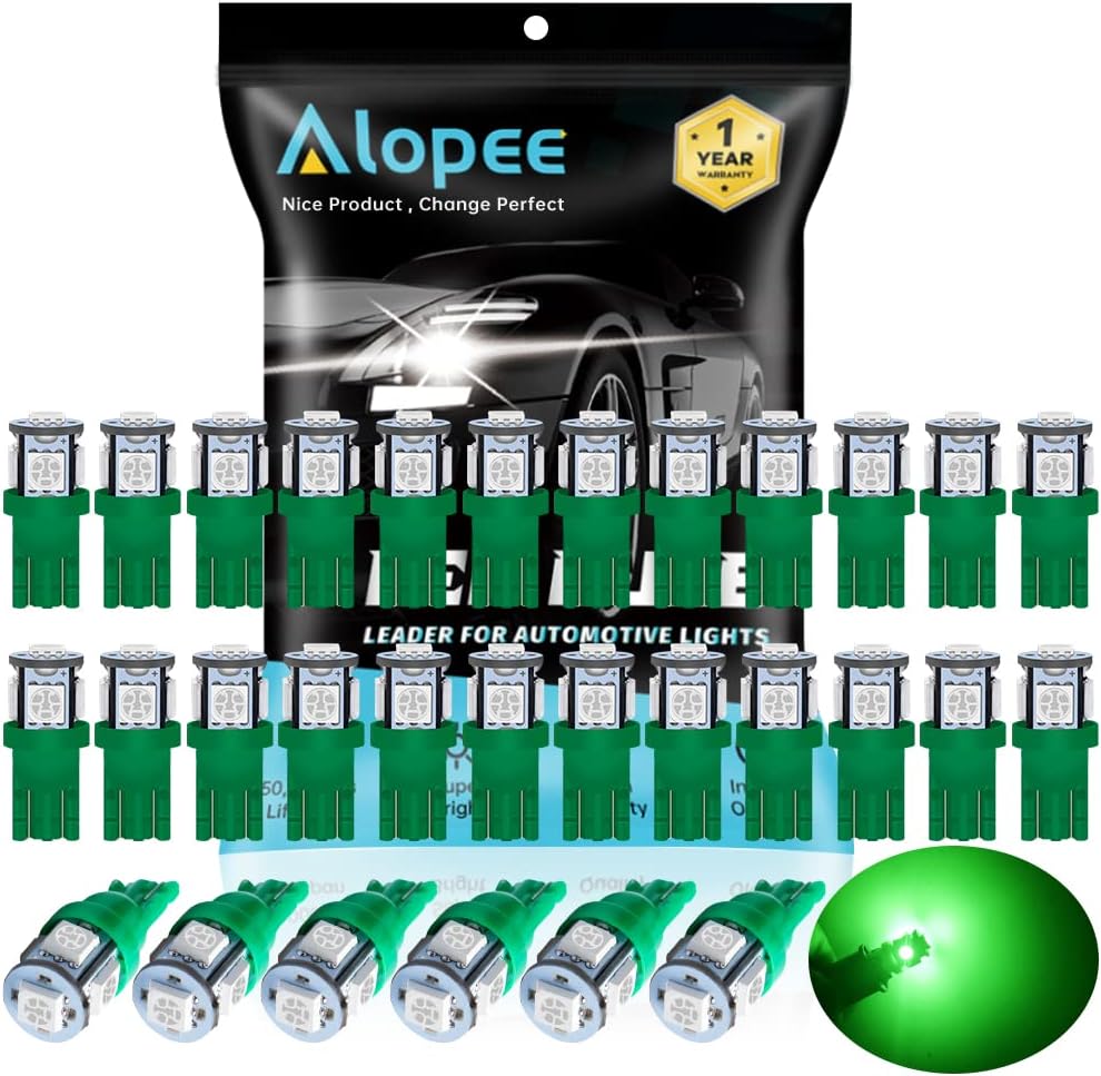 ALOPEE 30 Pack 194 LED Bulb Green, T10 Wedge LED Bulb 5SMD 5050 Chips, 168 LED Bulb, 921 2825 LED Bulb W5W 158 501 LED Lights for Car Interior Dome Map Door Light License Plate Light DC 12V