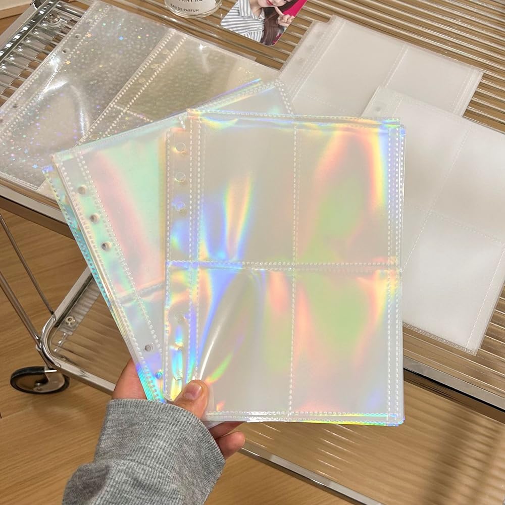 12 fogli A5 buste per raccoglitori di carte con 8 tasche, 6 tasche per raccoglitori di carte a 6 anelli, maniche double-face per fotocard laser, stelle, fiori, cuore, pagine per album fotografici