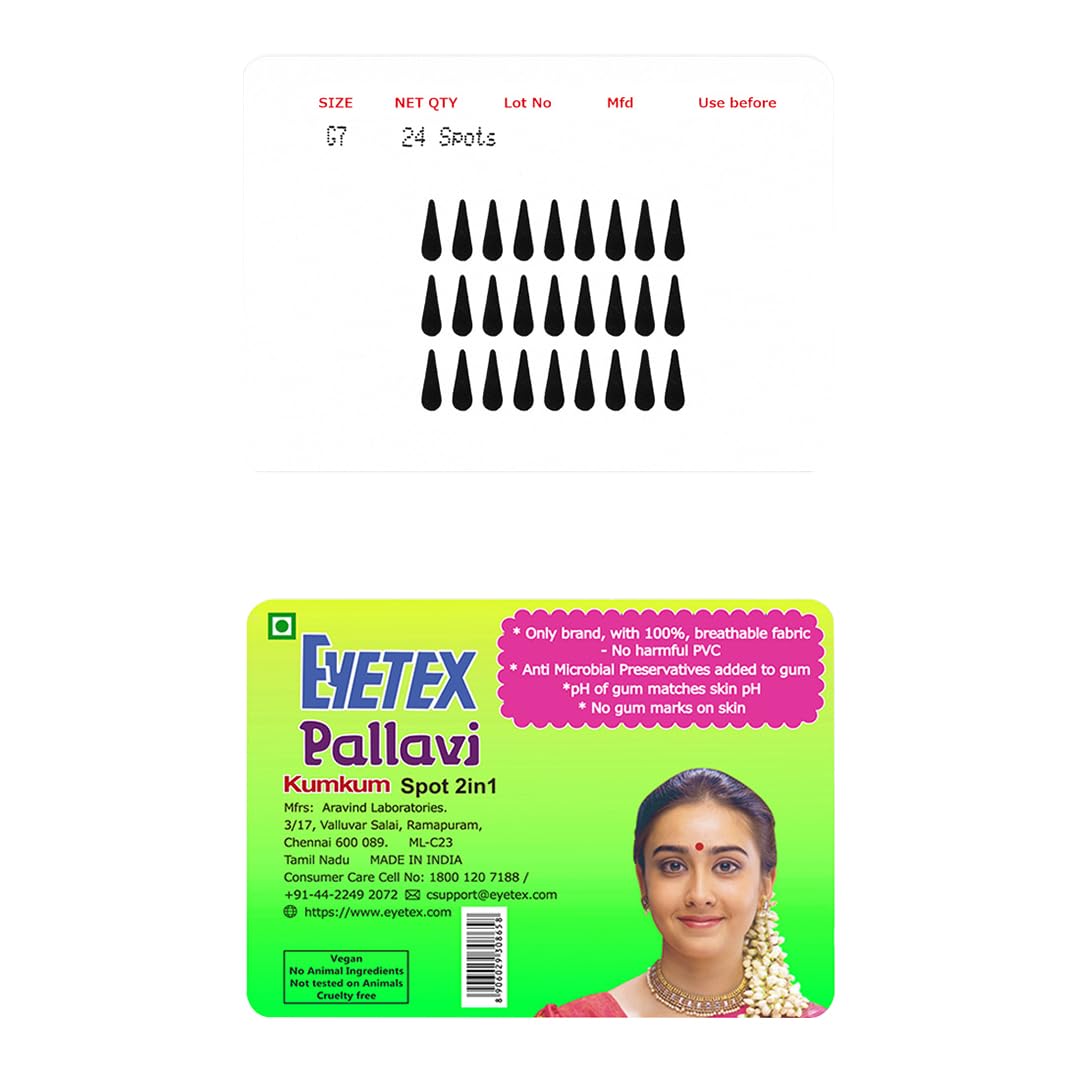 Eyetex Pallavi Sticker Bindi/Pottu|Gopi/Tilak|Aloe Vera & Papaya Extracts|Breathable Non-Irritating Velvet Fabric|G7|Black|20 Flaps