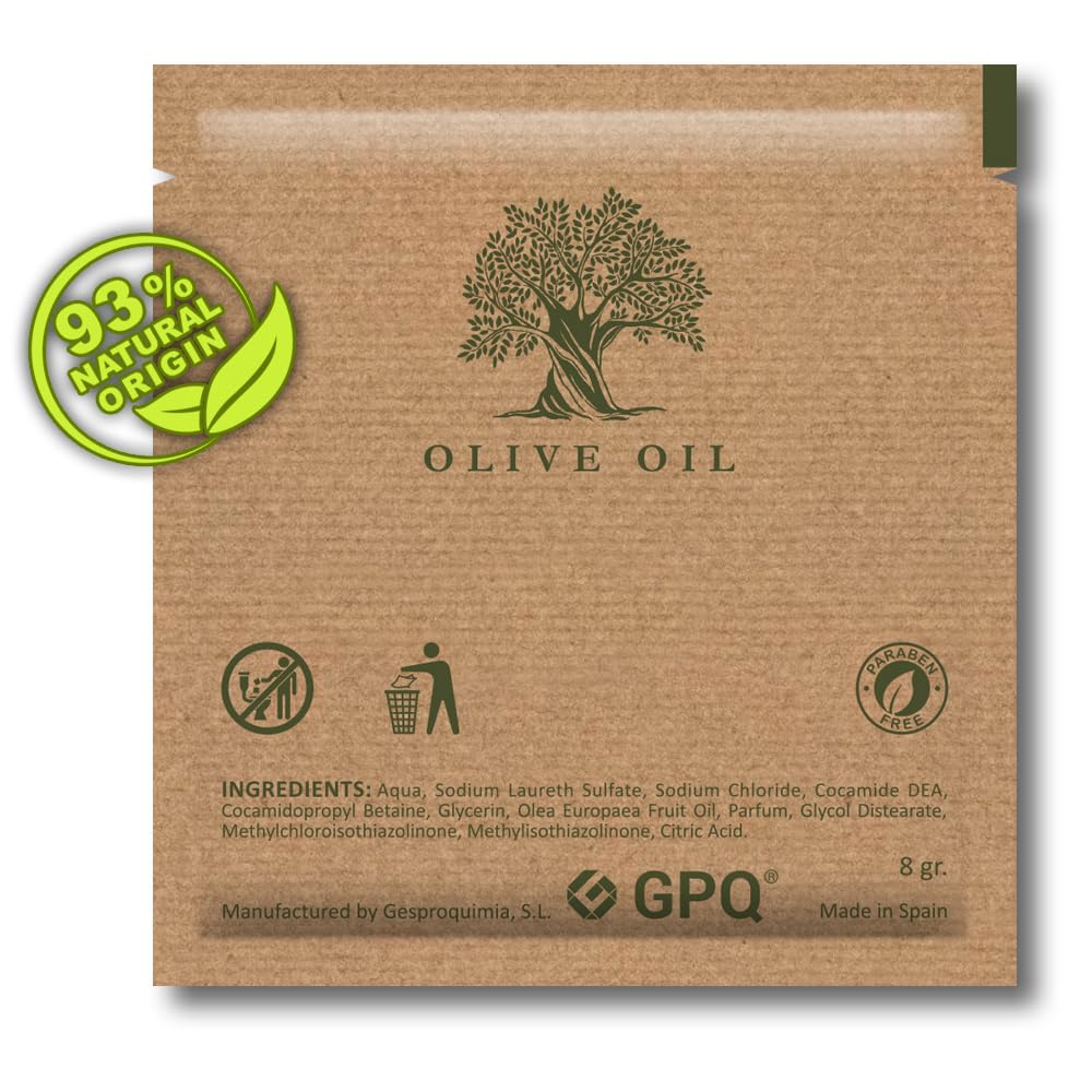 GPQ - Żel Pod Prysznic Hotel Olive | 400 Saszetek x 8 g | Amenities | Jednorazowego Użytku | Bez Parabenów | Pudełko Mini Mydełek do Hotelu, Wiejskiej Chaty, Mieszkania, AirBnb, Podróży | Wyprodukowano w UE