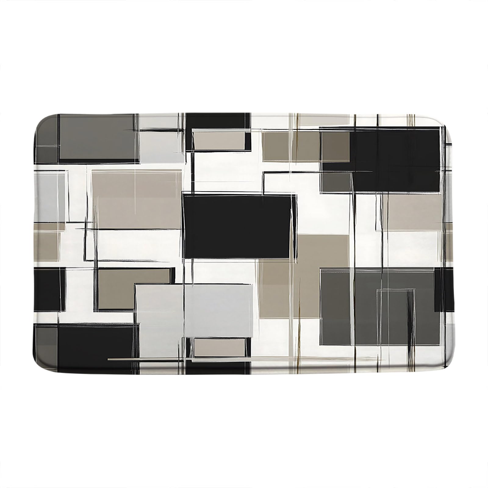 Black Brown Bath Mat Modern Geometric Abstract Art Beige Square Contemporary Minimalist Bathroom Decor Rug Floor Carpet