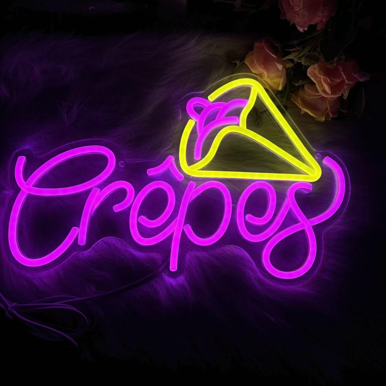 Insegna al neon con crêpes, lampada da parete a LED per negozio di dessert, cartello in crepe rosa giallo per bar, panetteria o bancarella alimentare, decorazione per negozi di dolciumi