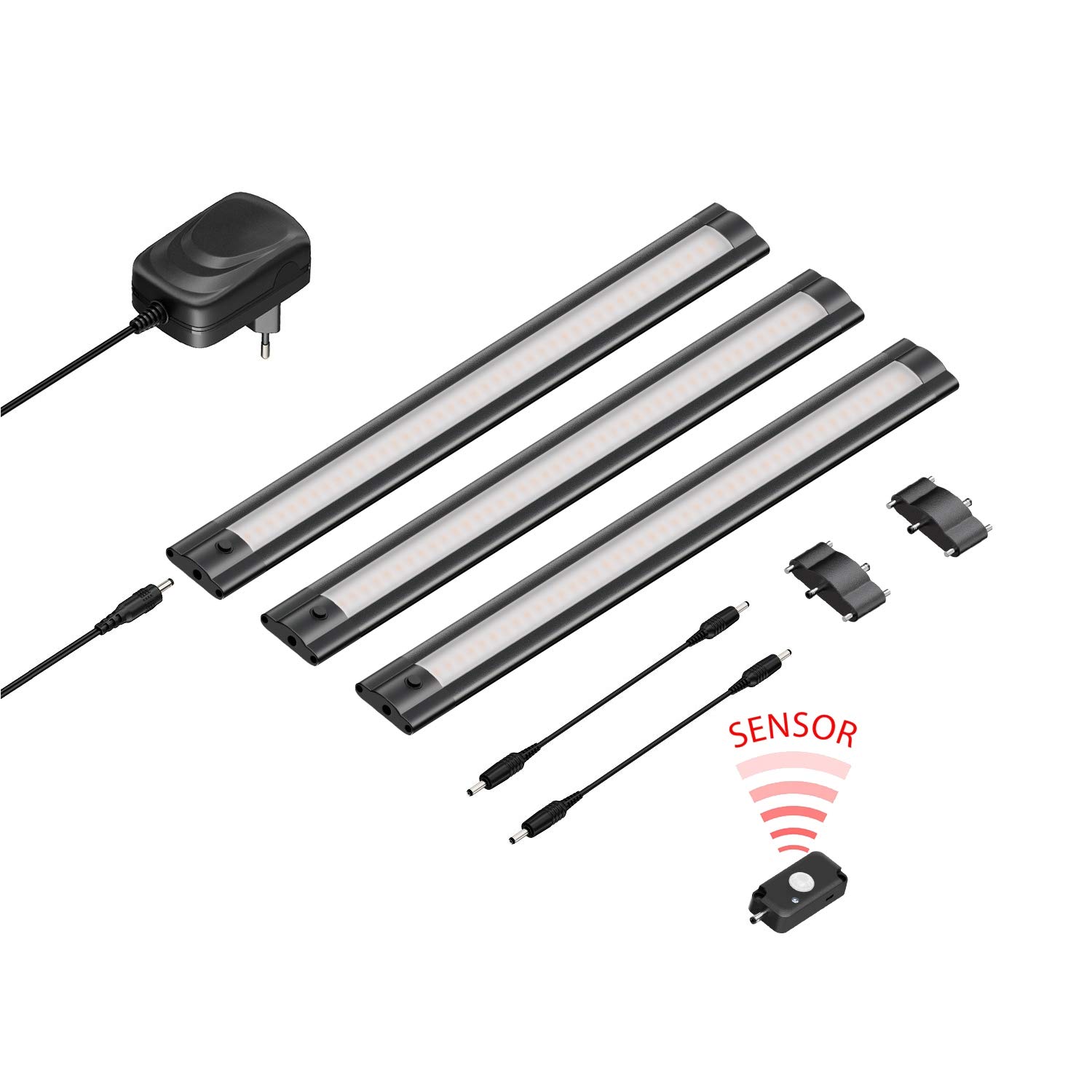 ledscom.de Zestaw 3 lamp podszafkowych LED SIRIS czarny mat z czujnikiem ruchu, płaski, 30cm każda, 368lm każda, ciepła biel