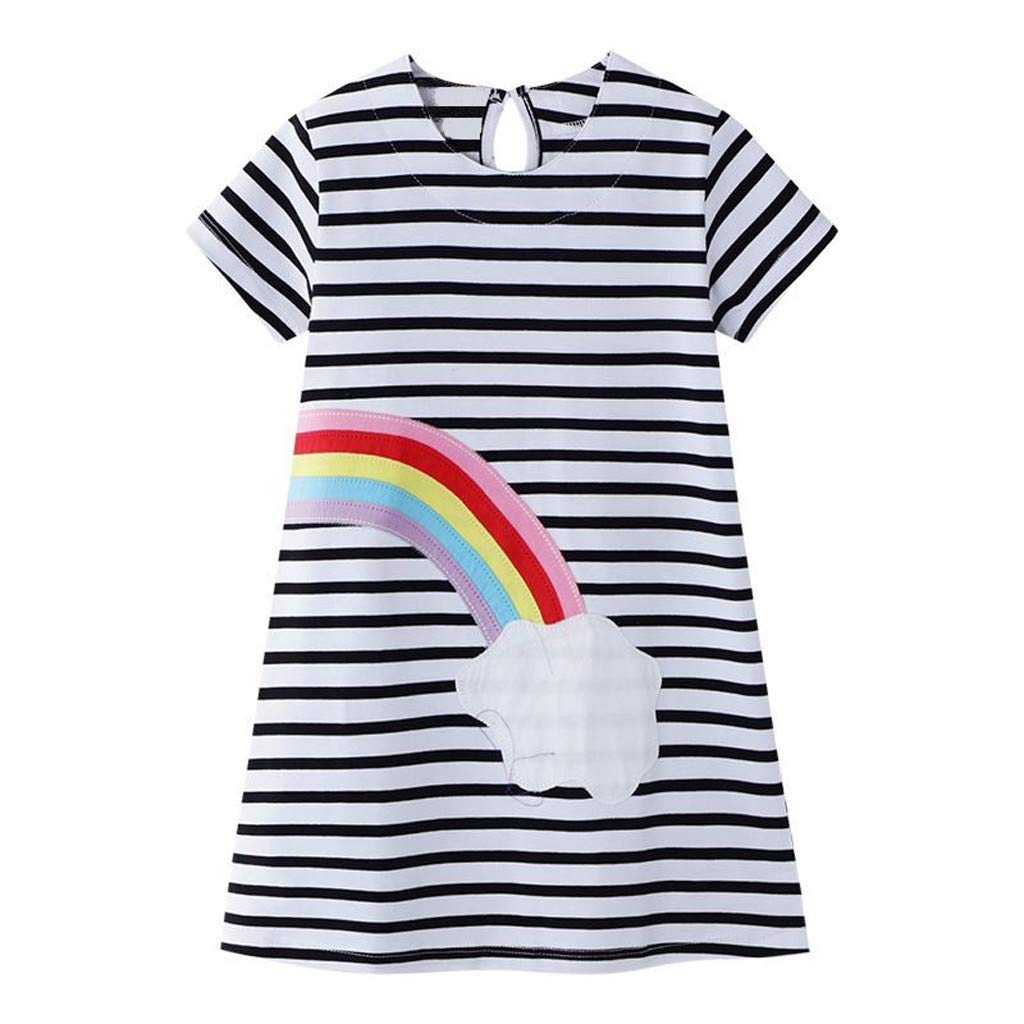 Infant Toddler Little Girls Cotton Casual Dress Cartoon Appliques Striped Short Sleeve Summer Dresses 2-8 Years