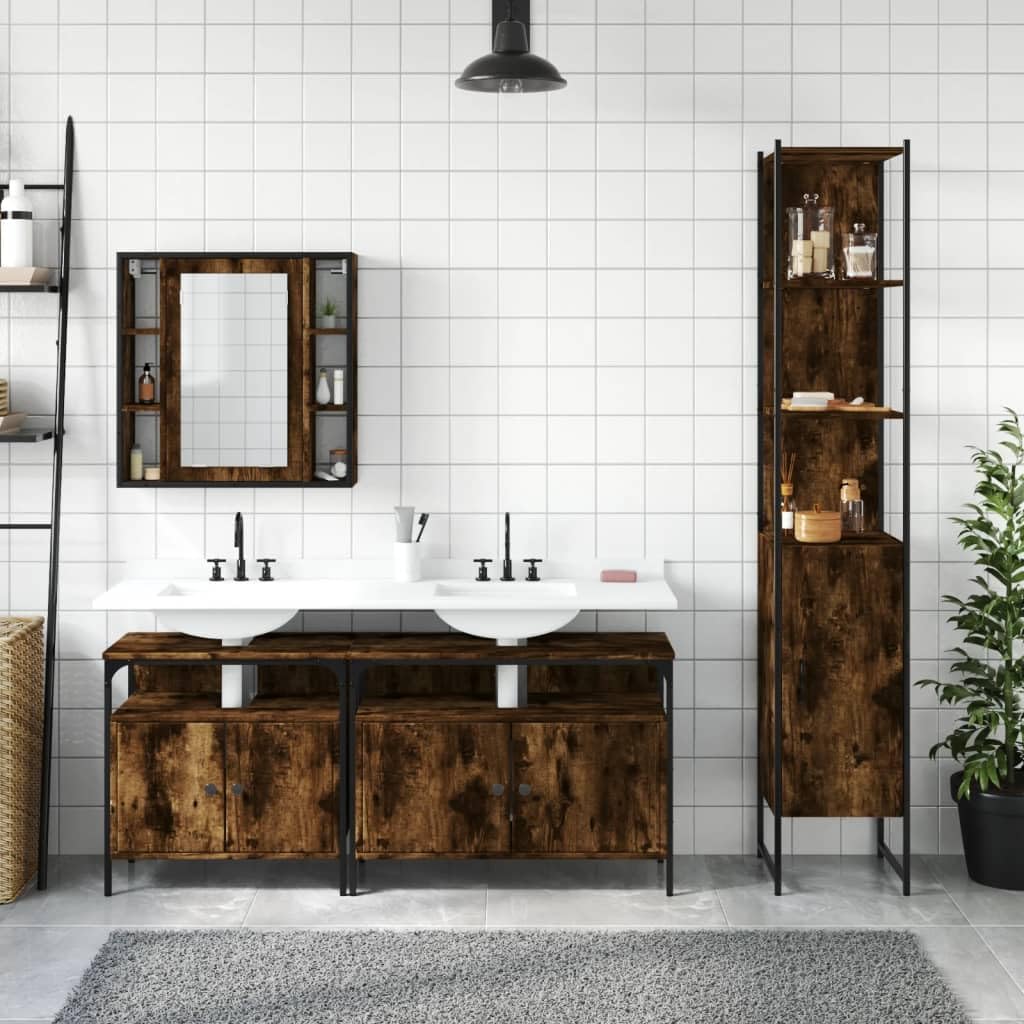 Juego de muebles de baño de madera ahumado de 4 piezas | Acero con recubrimiento en polvo, patas ajustables, espejo con estante, incluye soporte de pared