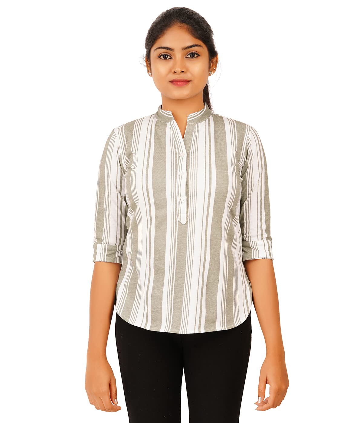 Buy SYVI Women's Collar Stand V Neck Button Open Placket 3/4TH