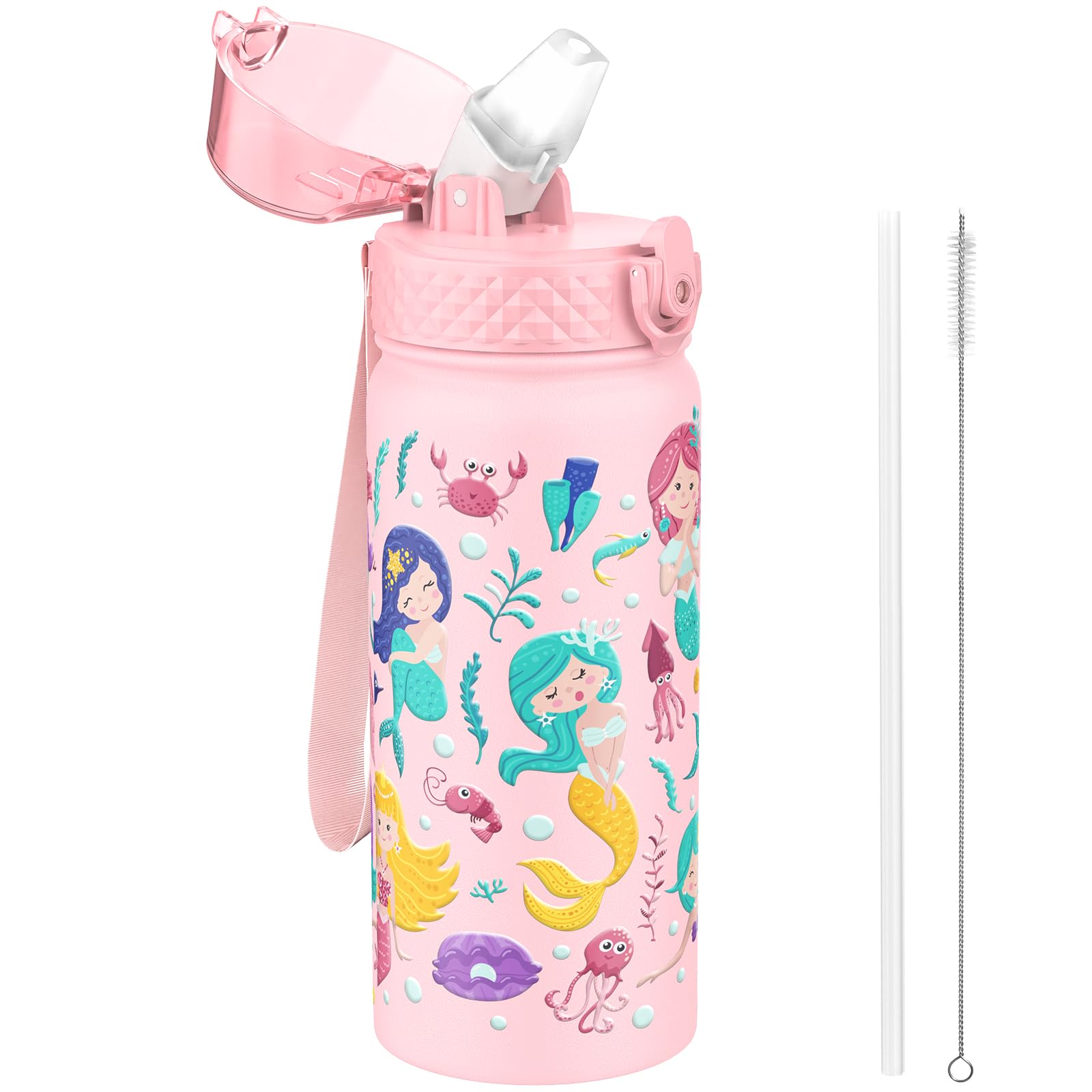 GOPPUS 550ml/18oz Kids Insulated Water Bottle with Straw Cute Double Wall Stainless Steel Child's Small Flask Vacuum Insulated Steel Metal Leak Proof Drink Flask Boys Toddler Girls Flask BPA-Free