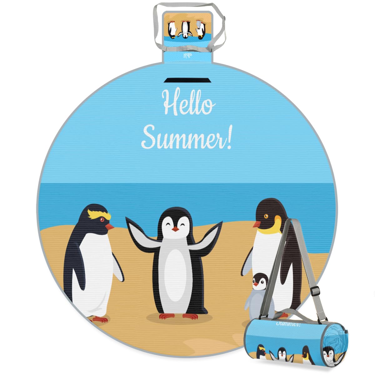 Shimoshe Beach Penguin Picnic Outdoor Blanket Foldable Waterproof Sandproof Beach Blanket Portable Water-Resistant Round Picnic Mat for Travel Camping Park Lawn
