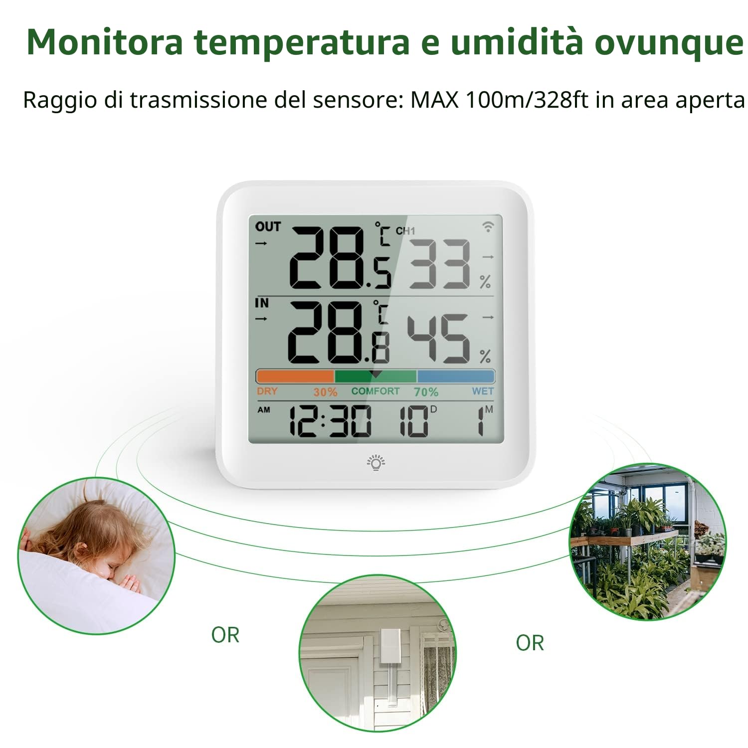 VOCOO Termometro Igrometro Wireless Digitale per Interno Esterno,Monitor di umidità Misuratore di Temperatura e Umidità con 1 Sensori Remoti,Retroilluminazione, Icona Comfort Tendenza, 100m Range