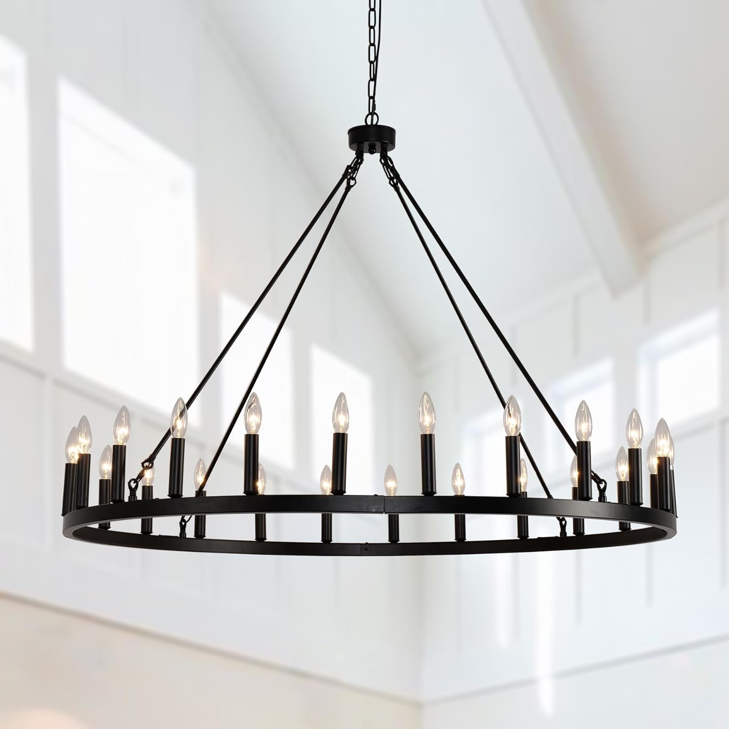 HYJAUSXB Modern Black 24 Light Wagon Wheel Chandelier for Living Room Hallway and Foyer 38 Inch Outdoor Porch Fixtures