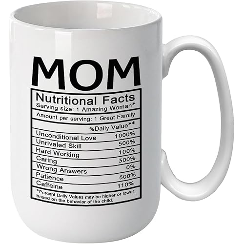 J.Ehonace 15 oz Funny Mom Coffee Mug - Custom Nutritional Facts Design - Perfect Valentine's Day, Birthday, or Mother's Day Gift for Mom - Ideal for Coffee, Tea, or Hot Chocolate Lovers